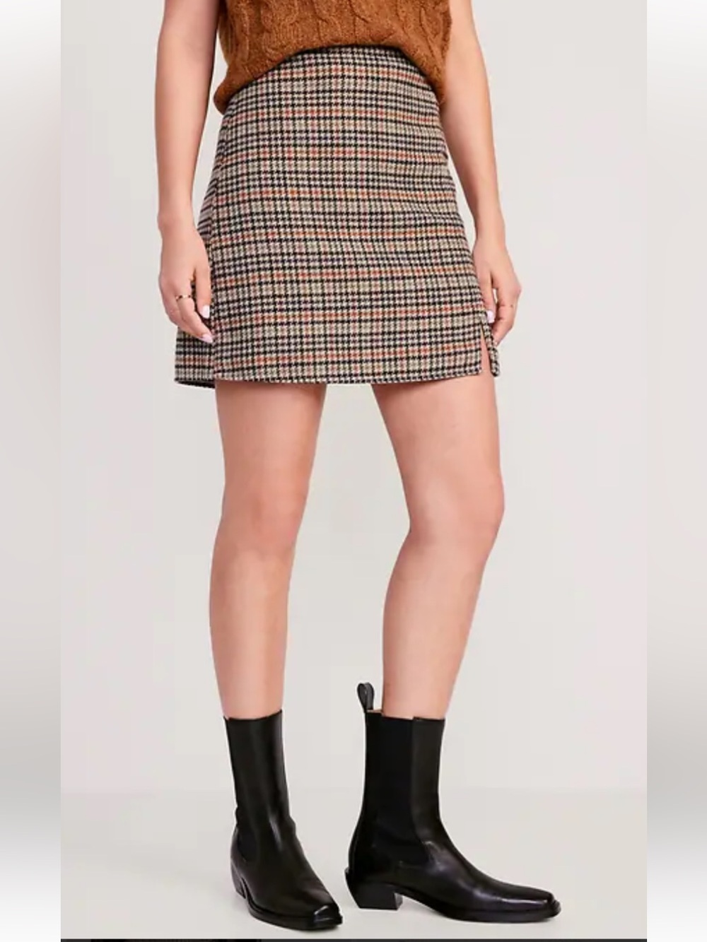 Old Navy High-Waisted Brown Plaid Houndstooth Mini Skirt with Slit - Size Large